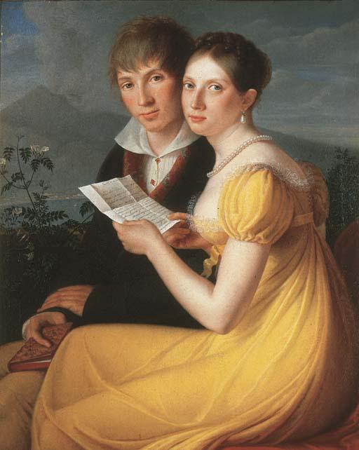 Guillaume Descamps - Les jeunes amoureux lisant une lettre devant Naples