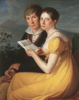 Guillaume Descamps - Les jeunes amoureux lisant une lettre devant Naples