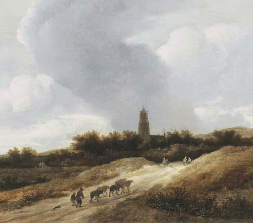 Guillaume Dubois - A dune landscape with travellers, shepherds and cattle on a path, a church tower beyond