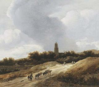 Guillaume Dubois - A dune landscape with travellers, shepherds and cattle on a path, a church tower beyond