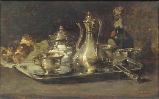 Guillaume-Romain Fouace - A silver tête à tête, a bottle and brioches on a table