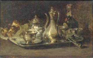 Guillaume-Romain Fouace - A silver tête à tête, a bottle and brioches on a table
