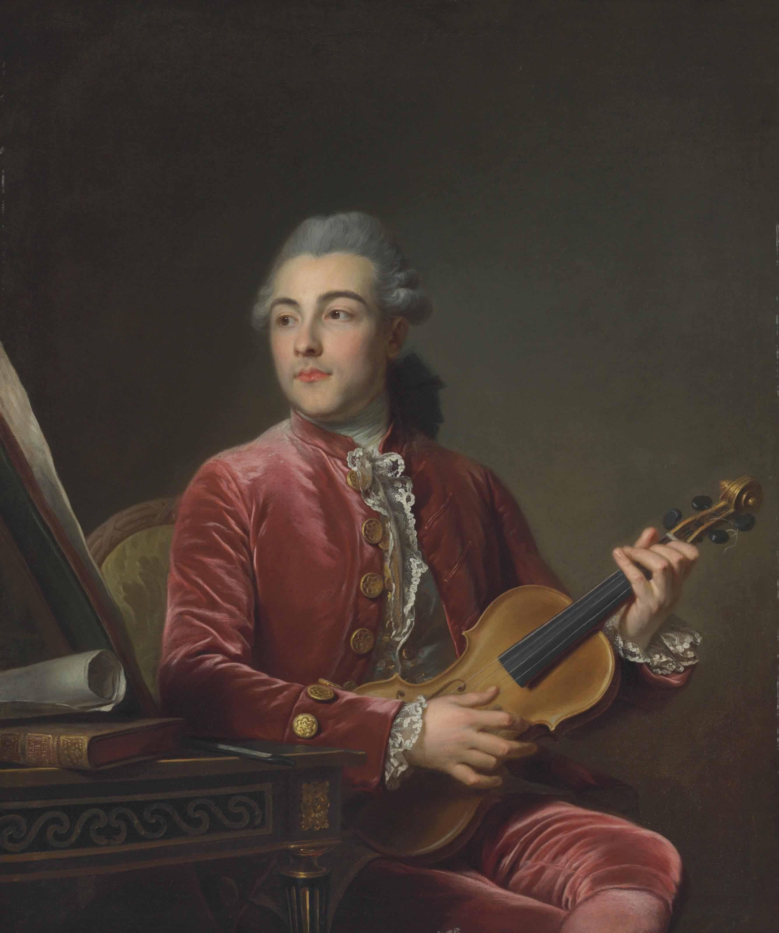 Guillaume Voiriot - Portrait Of A Gentleman, Half-Length, Seated In A Red Velvet Jacket With A Violin