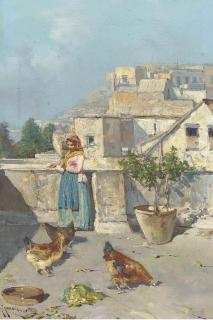 Guiseppe Giardiello - A Neapolitan girl feeding the chickens