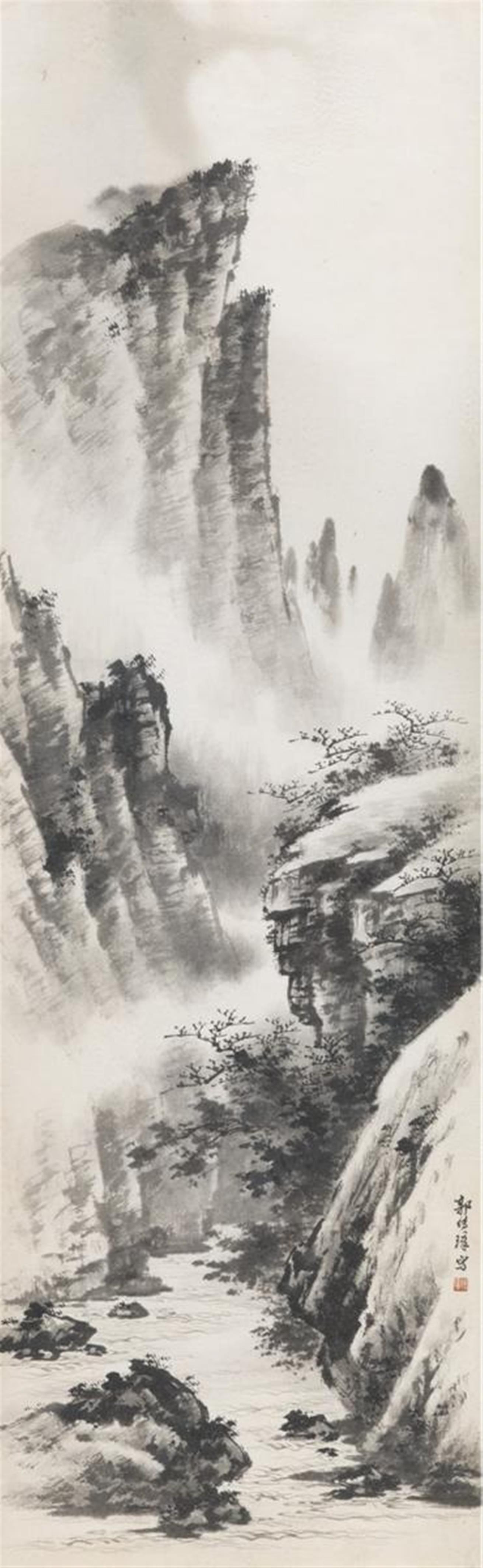 Guo Chuanzhang - Zwei Malereien. Tusche auf Papier. a) Felsenlandschaft. Sign.: Guo Chuanzhang und Siegel: Chuanzhang. b) Felsenlandschaft mit Kiefern. Sign.: Chuanzhang und Siegel: Guo Chuanzhang. (2)