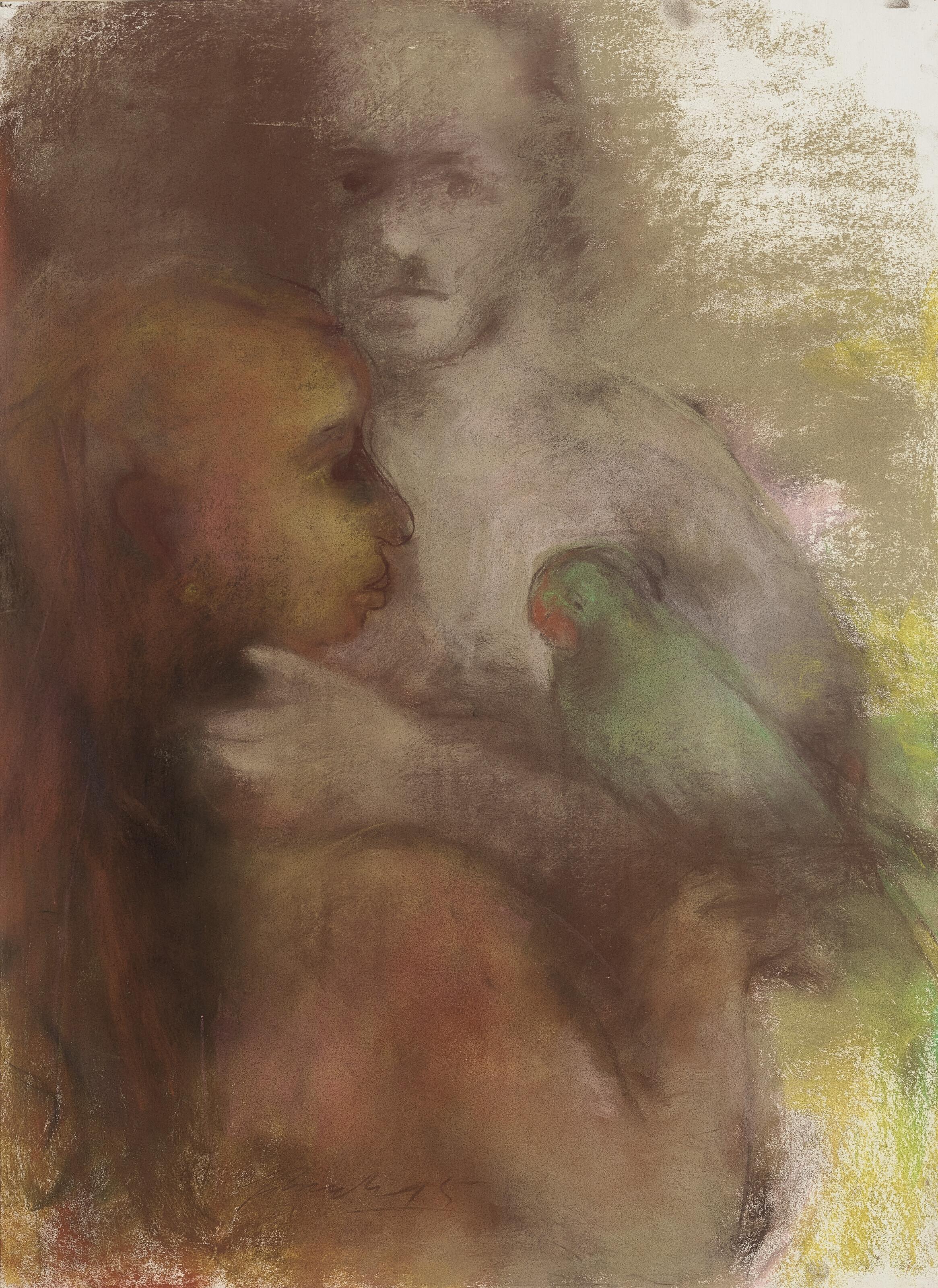 Gurcharan Singh - Untitled (Figures with Parrot)