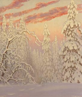 Gustaf Fjaestad - Winter landscape under crimson sky