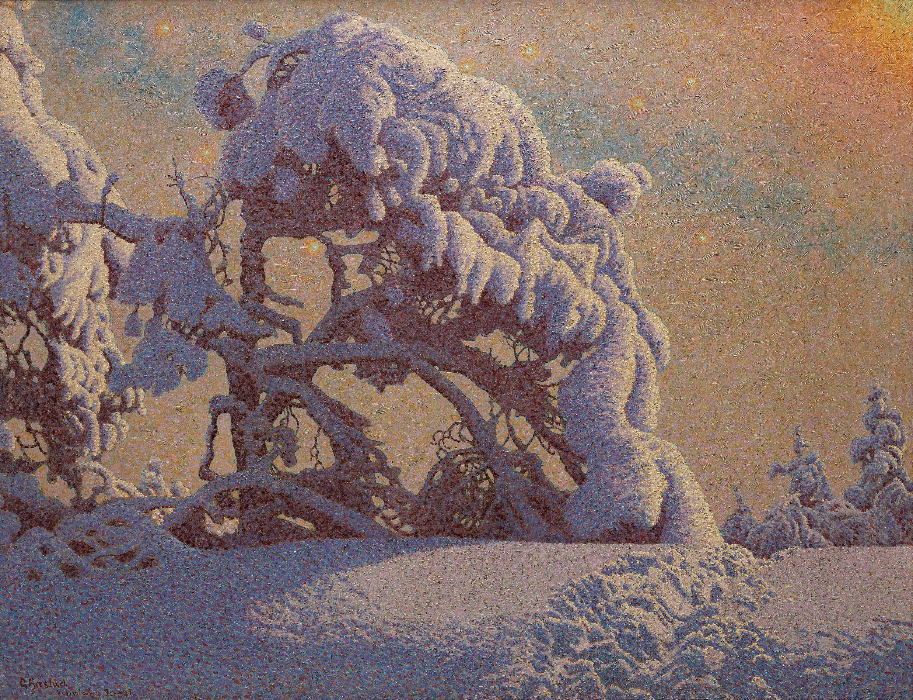 Gustaf Fjaestad - Winter landscape with snow-covered pine trees.