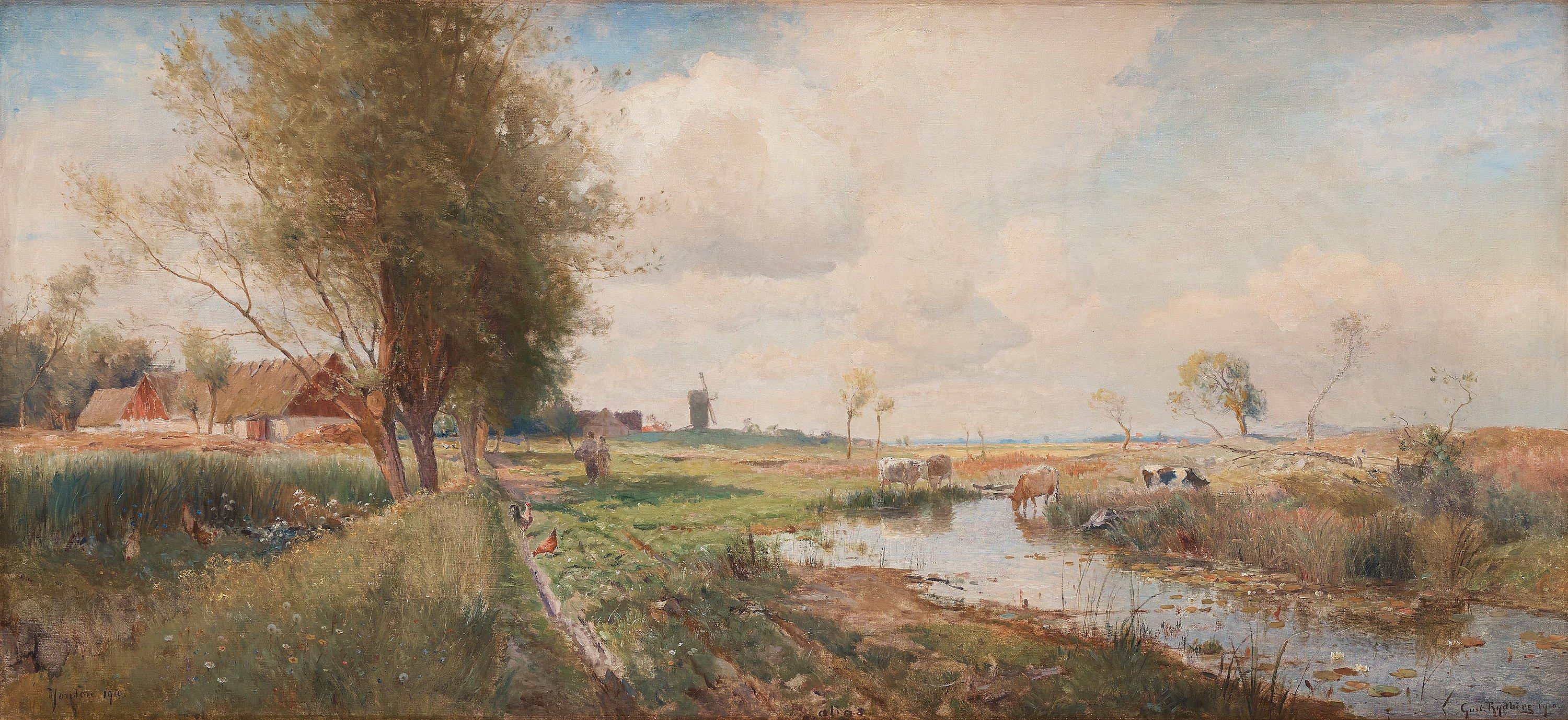 Gustaf Rydberg - A summer landscape with mill and cattle