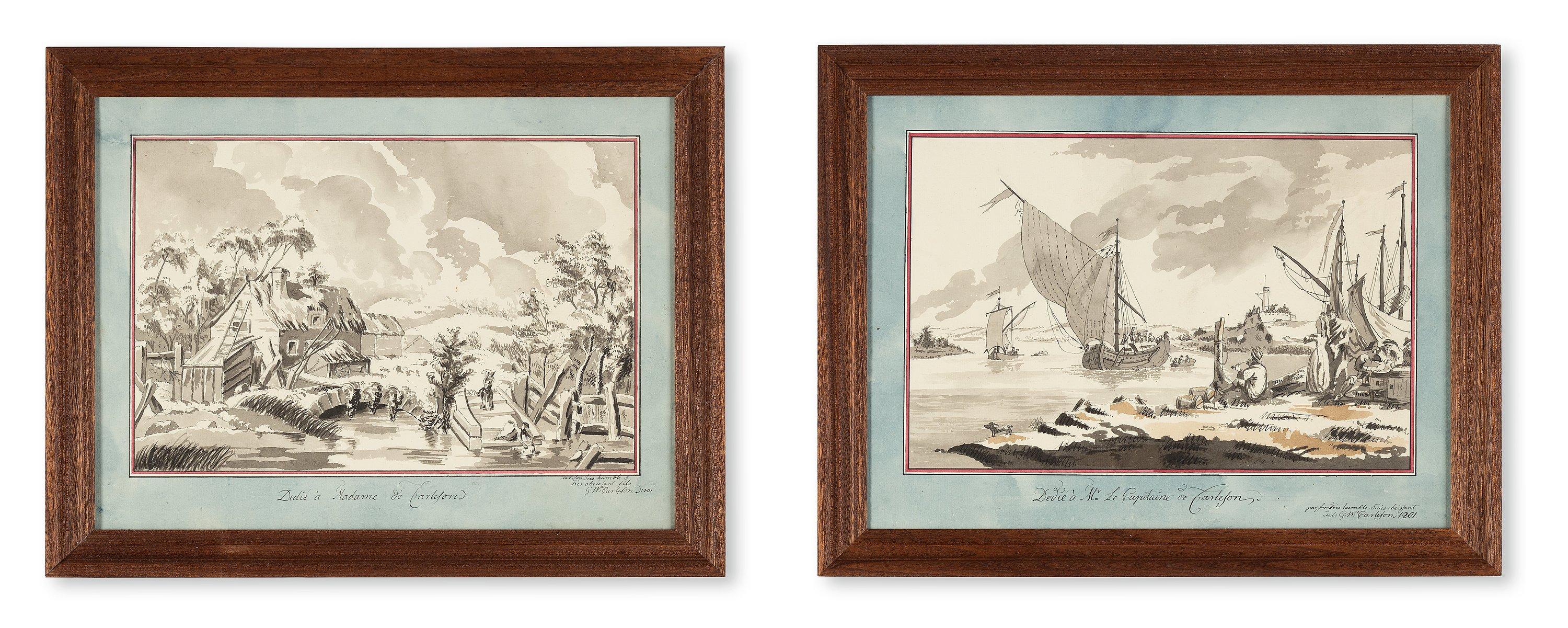 Gustaf Wilhelm Carleson - Landskap med segelbåtar och en kritpiperökande man samt Landskap med torvtäckta hus vid ett vattendrag