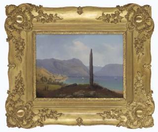Gustaf Wilhelm Palm - Harvesters On A Stroll To An Obelisk By An Alpine Lake