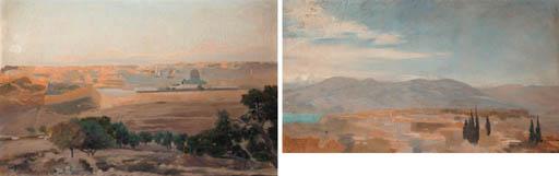 Gustav Bauernfeind - Blick auf Jerusalem vom Ölberg aus; and Hügelige landschaft