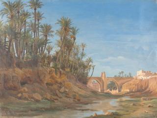 Gustav Friedrich Papperitz - Bogenbrücke über den Rio Vinalopo in Elche mit Palmenhain.