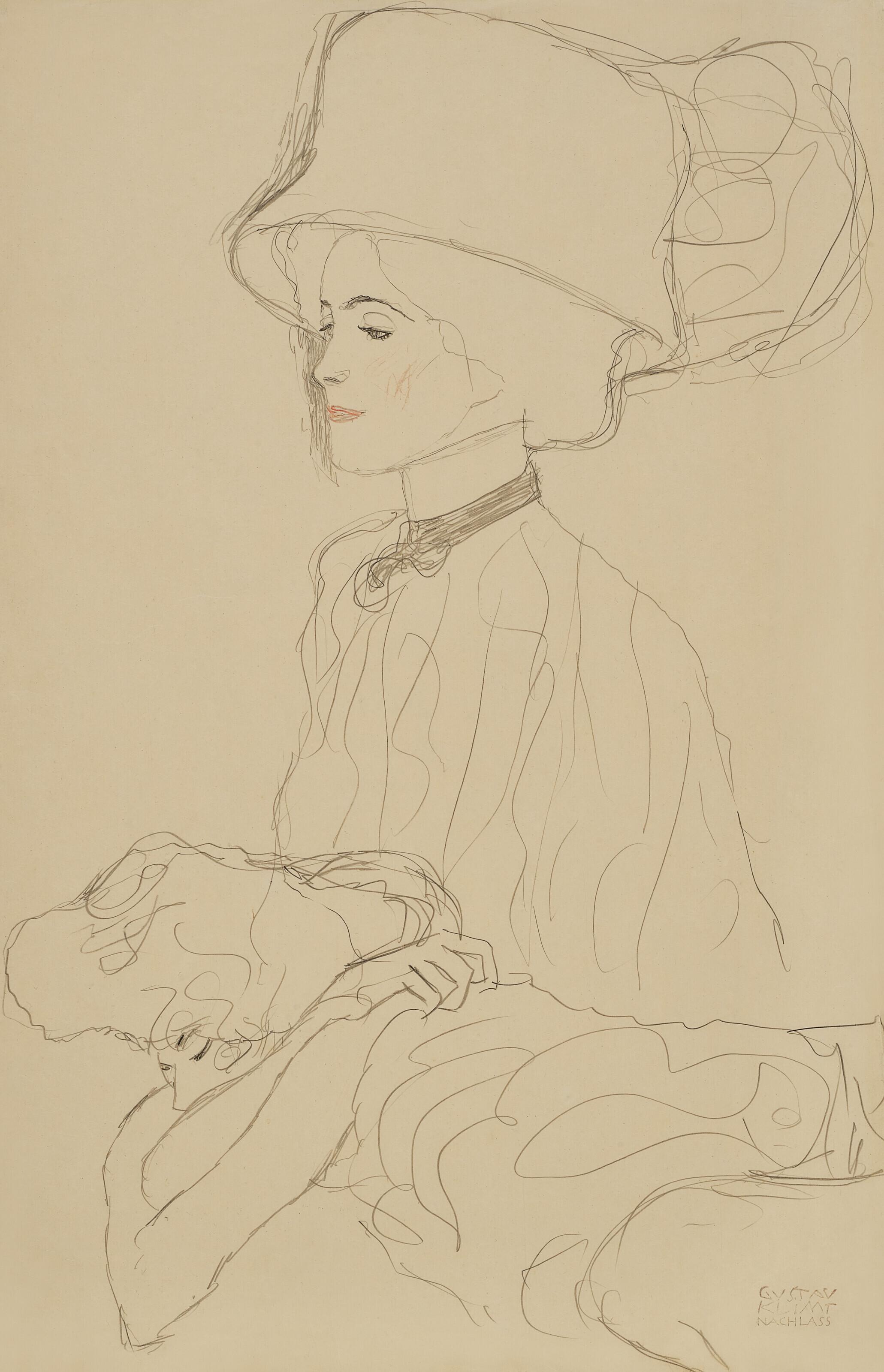 Gustav Klimt - Bildnisskizze mit hohem Hut und liegende Frau