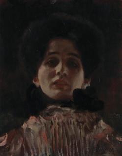 Gustav Klimt - Dame en face mit plisiertem Kleid (Damenbilden en face)