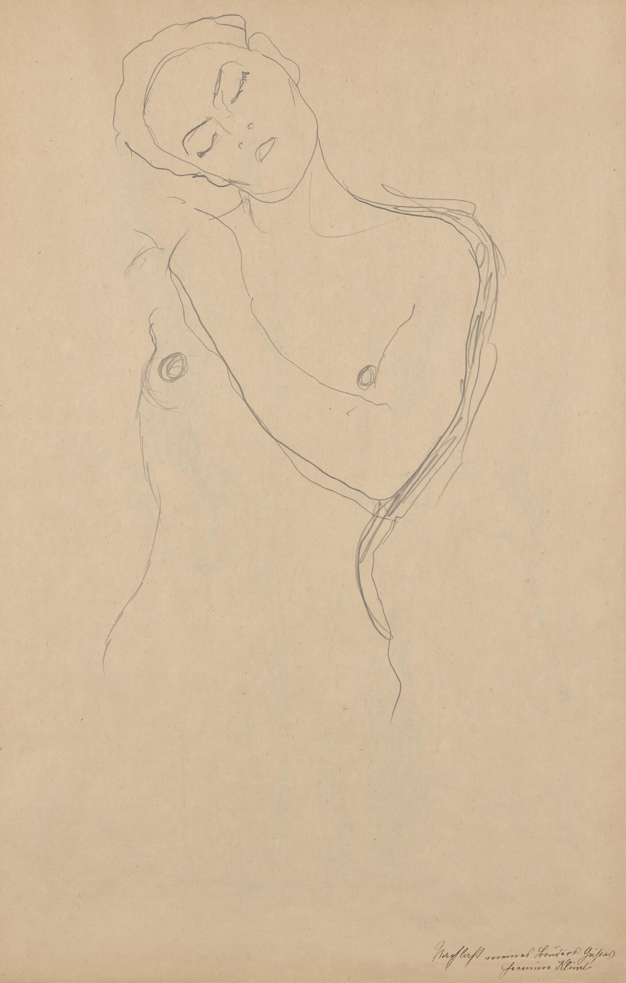Gustav Klimt - Frauenakt bis zur Hüfte, mit geneigtem Kopf (recto); Kostümstudie (verso)