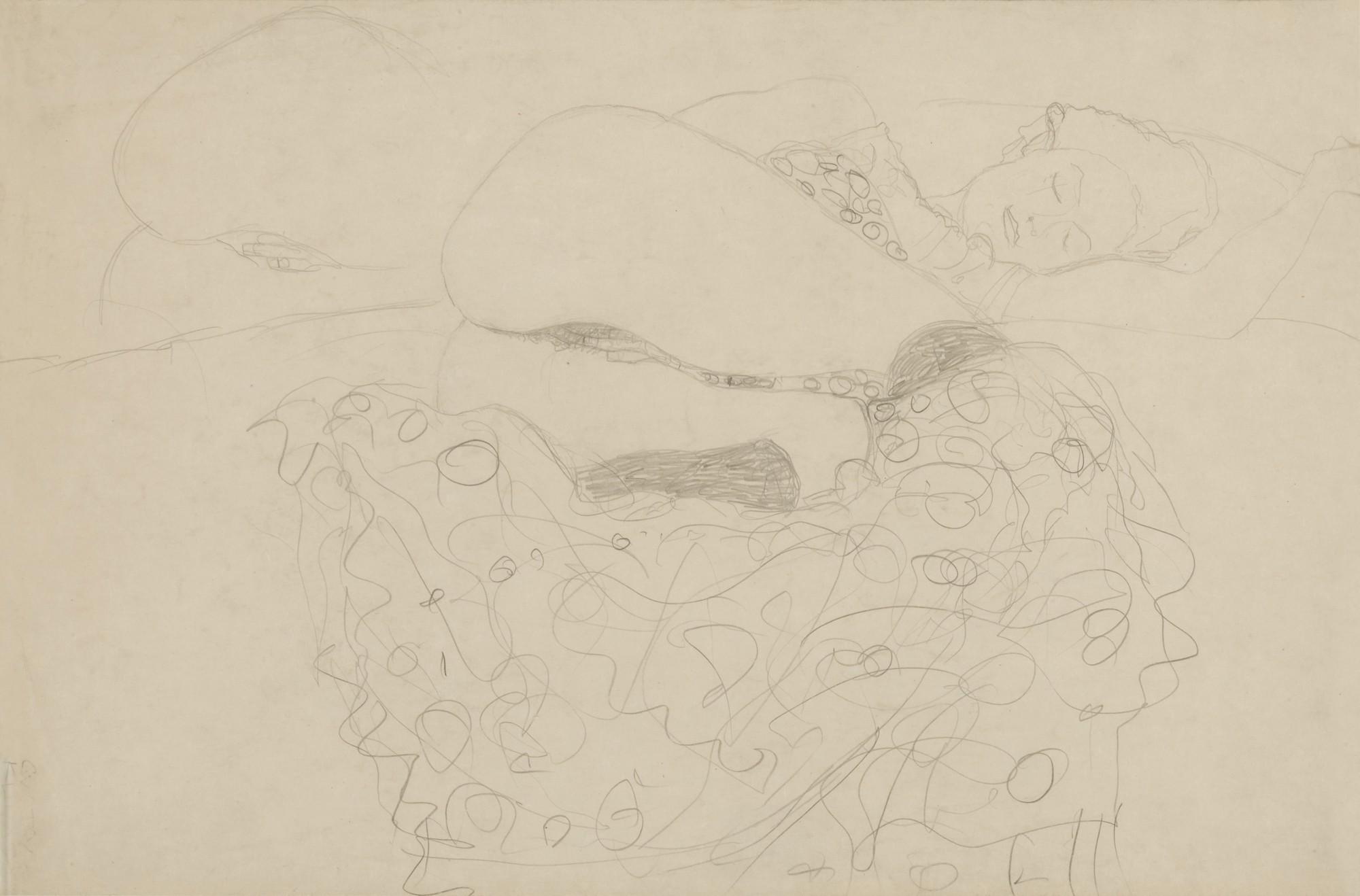 Gustav Klimt - Liegender Halbakt nach rechts, die Beine angezogen, Wiederholung der Gesaßpartie (Reclining half nude to the right, legs drawn up, repetition of the backside)