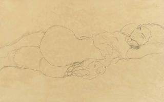 Gustav Klimt - Liegender Halbakt nach rechts