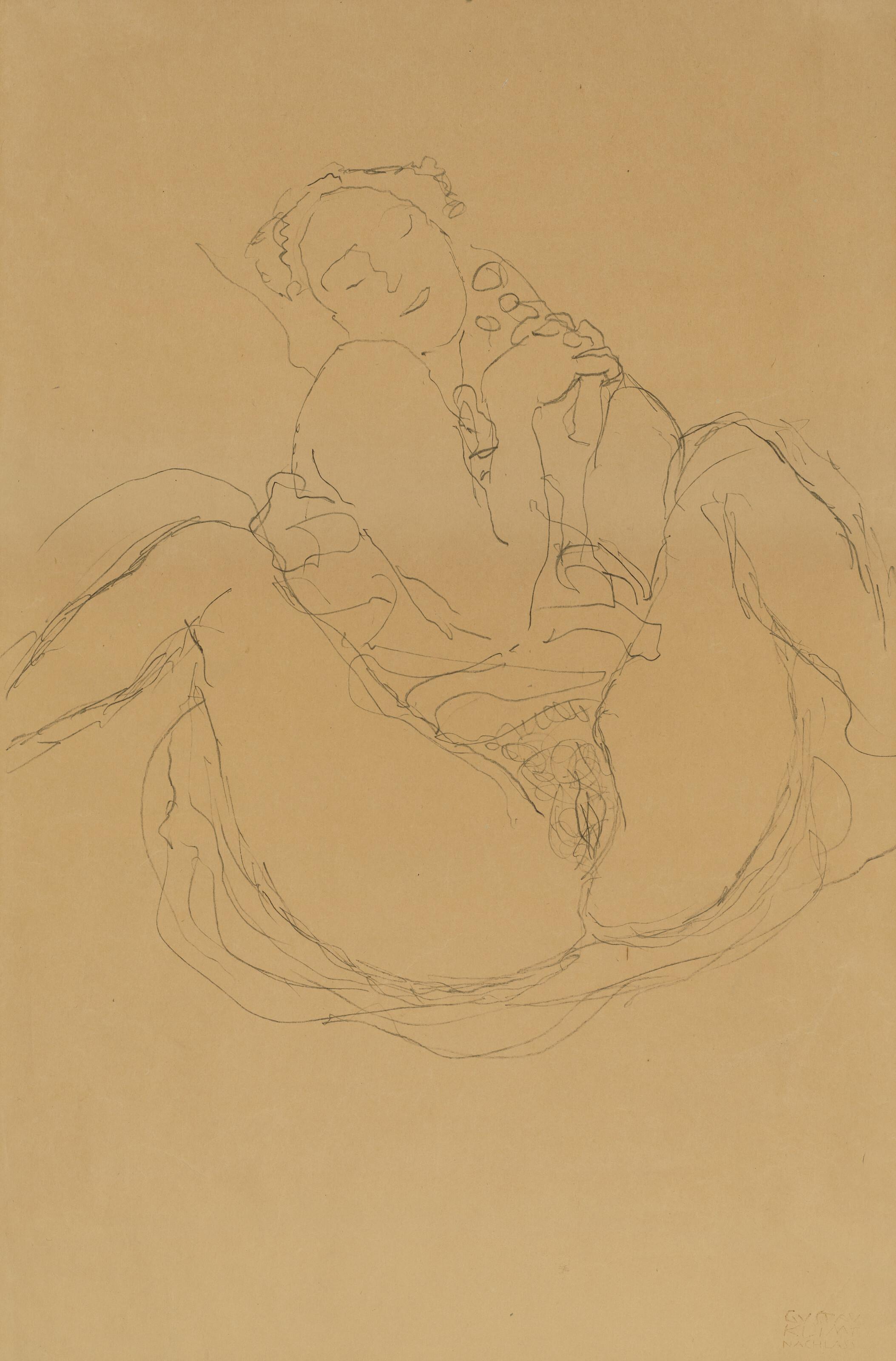 Gustav Klimt - Mit verschränkten Händen sitzender Halbakt