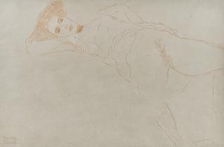 Gustav Klimt - Nach links liegender Akt mit gespreizten Beinen