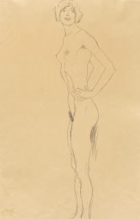 Gustav Klimt - Stehender Akt mit eingebeugten Armen nach links, den Kopf nach vorne gedreht