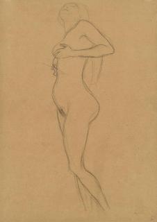Gustav Klimt - Stehender Frauenakt nach links, die Hände an der Brust