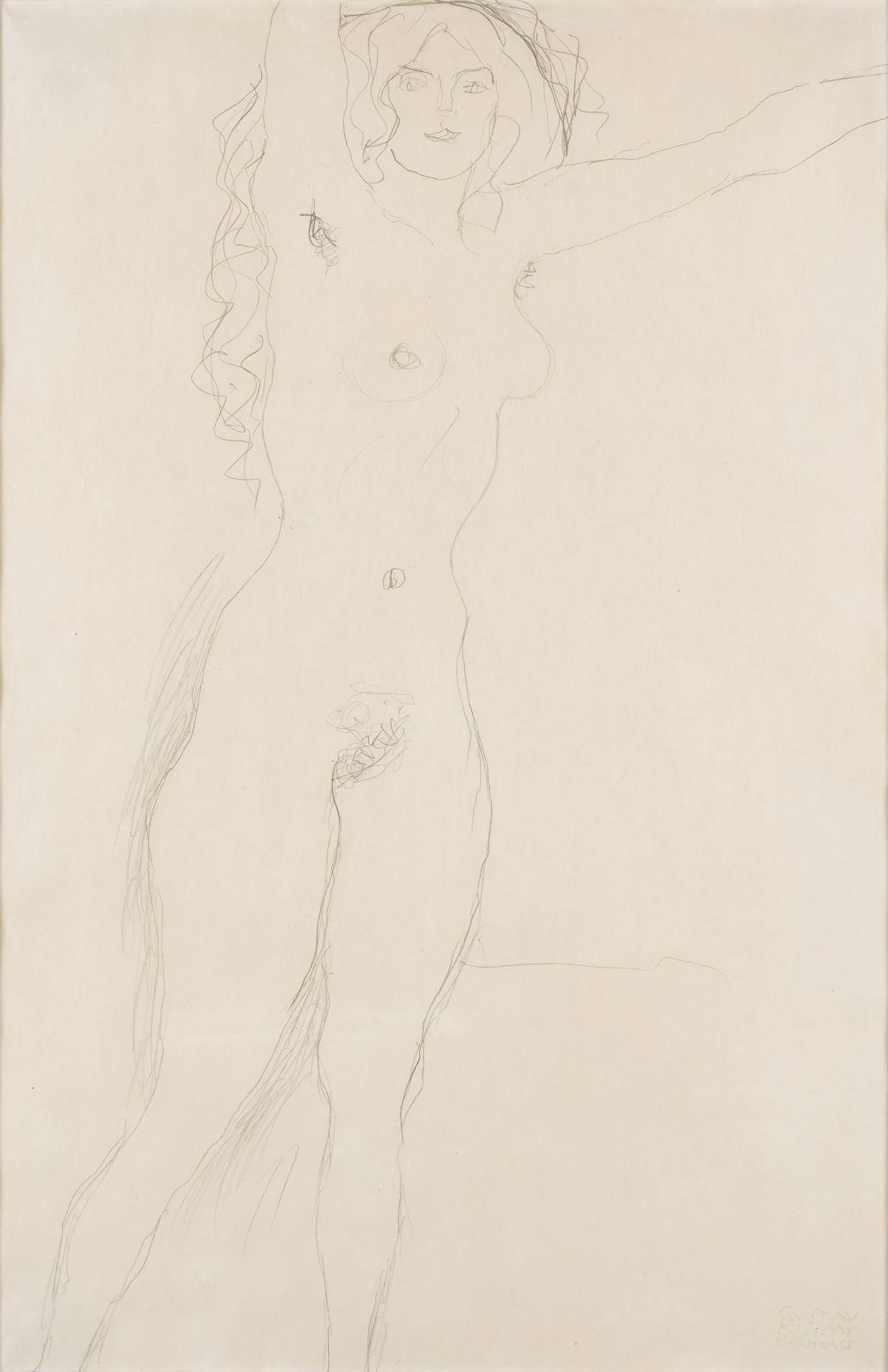 Gustav Klimt - Stehender weiblicher Akt mit langen Haaren und ausgestreckten Armen