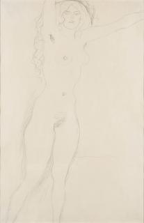 Gustav Klimt - Stehender weiblicher Akt mit langen Haaren und ausgestreckten Armen