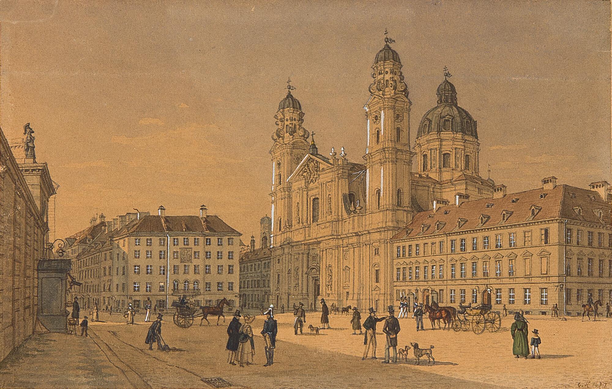 Gustav Kraus - Blick auf die Fassade der Theatinerkirche und den davorliegenden