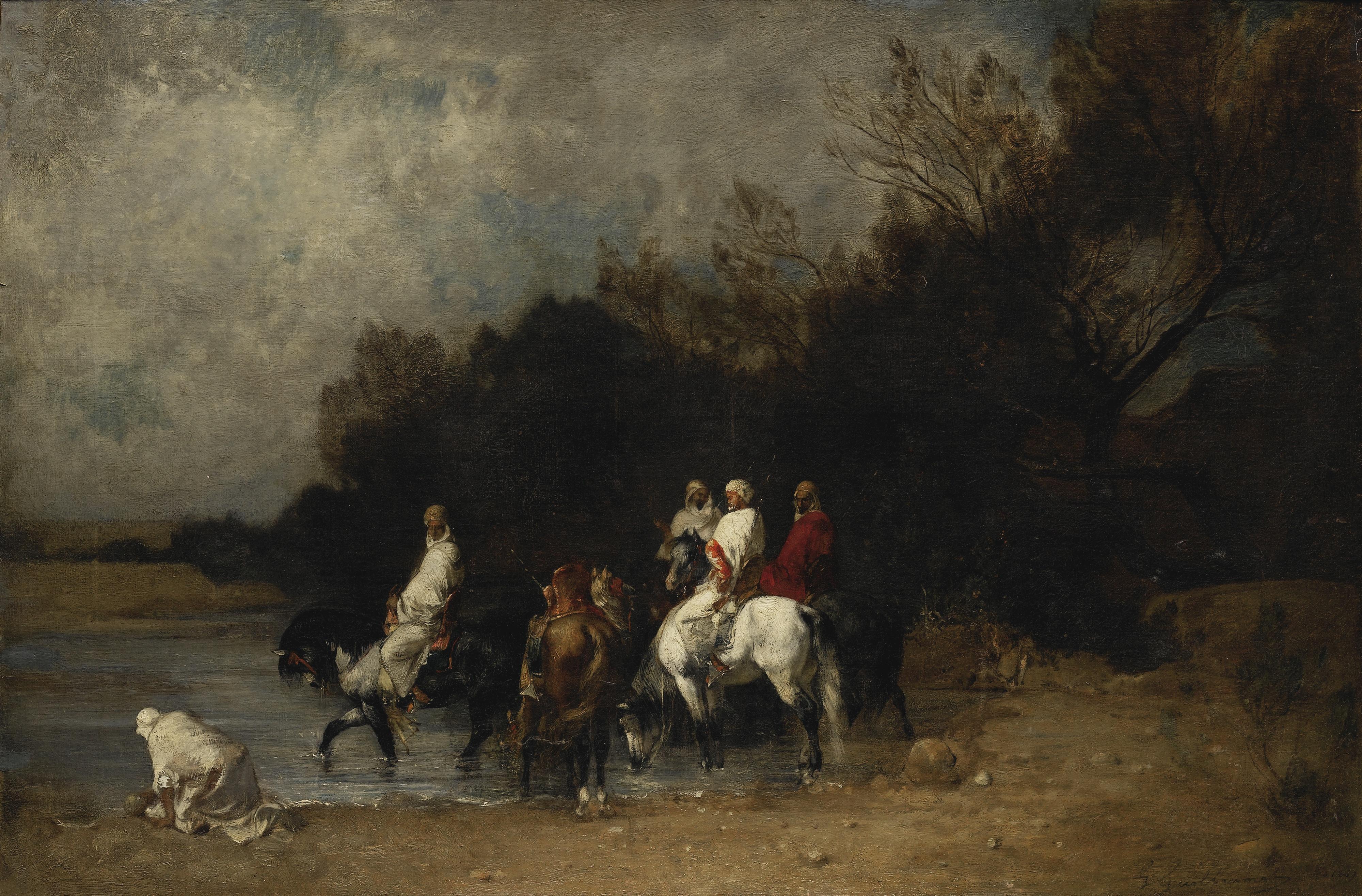 Gustave-Achille Guillaumet - Cavaliers À L\'Ouedgustave-Achille Guillaumet ; Horse Riders By The River ; Signed And Dated Lower Right 1869 ; Oil On Canvas