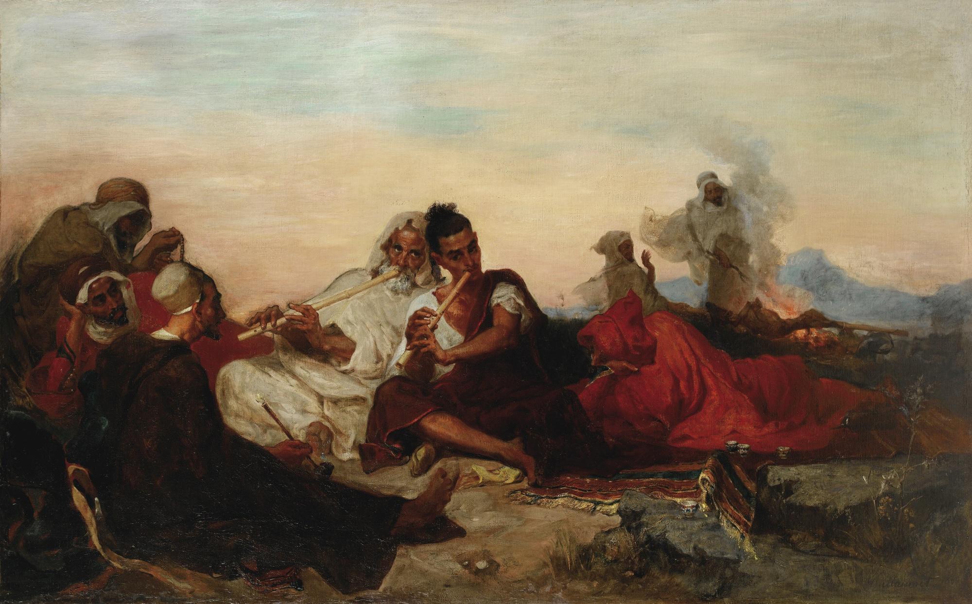 Gustave-Achille Guillaumet - Les Joueurs De Flûte Au Bivouac, Algériegustave-Achille Guillaumet ; Flute Players In Bivouac ; Signed And Dated Lower Right 1866 ; Oil On Canvas