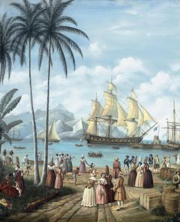 Gustave Alaux - Figures on a quayside with shipping beyond, Brazil