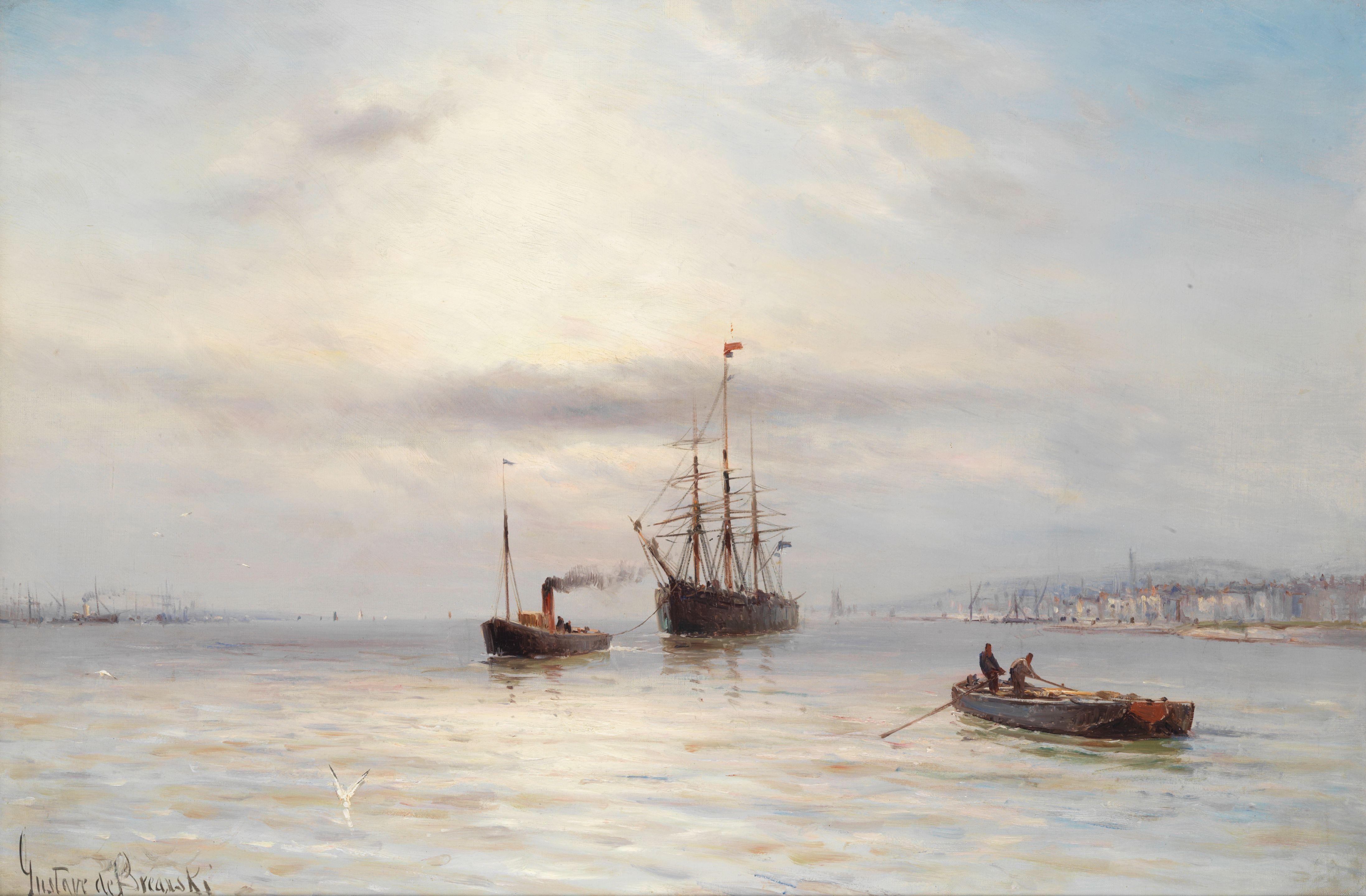 Gustave de Breanski - A tug with a three-masted sailing vessel in tow