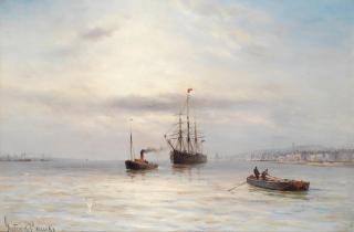 Gustave de Breanski - A tug with a three-masted sailing vessel in tow