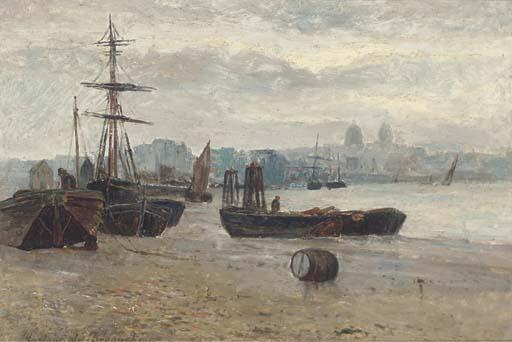 Gustave de Breanski - Beached Ships With A Townscape In The Distance