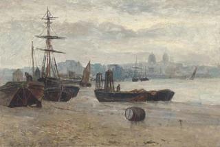 Gustave de Breanski - Beached Ships With A Townscape In The Distance