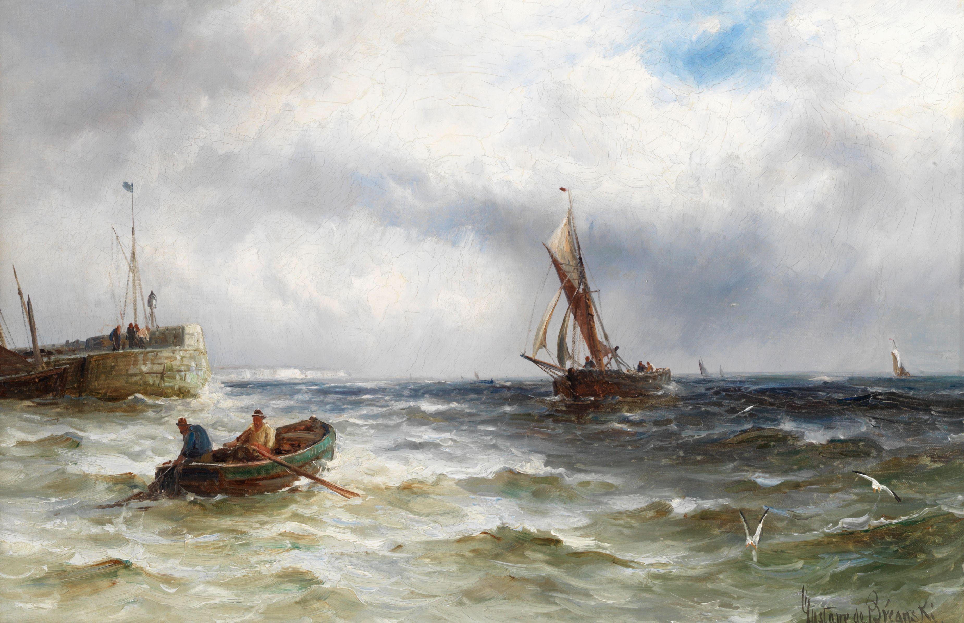 Gustave de Breanski - Fishing boats in choppy waters; Fishing boats off a lighthouse in calm waters, a pair each 40.7 x 61cm (16 x 24in). (2)