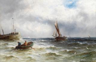 Gustave de Breanski - Fishing boats in choppy waters; Fishing boats off a lighthouse in calm waters, a pair each 40.7 x 61cm (16 x 24in). (2)