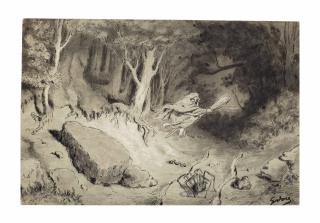 Gustave Doré - A witch flying through a forest