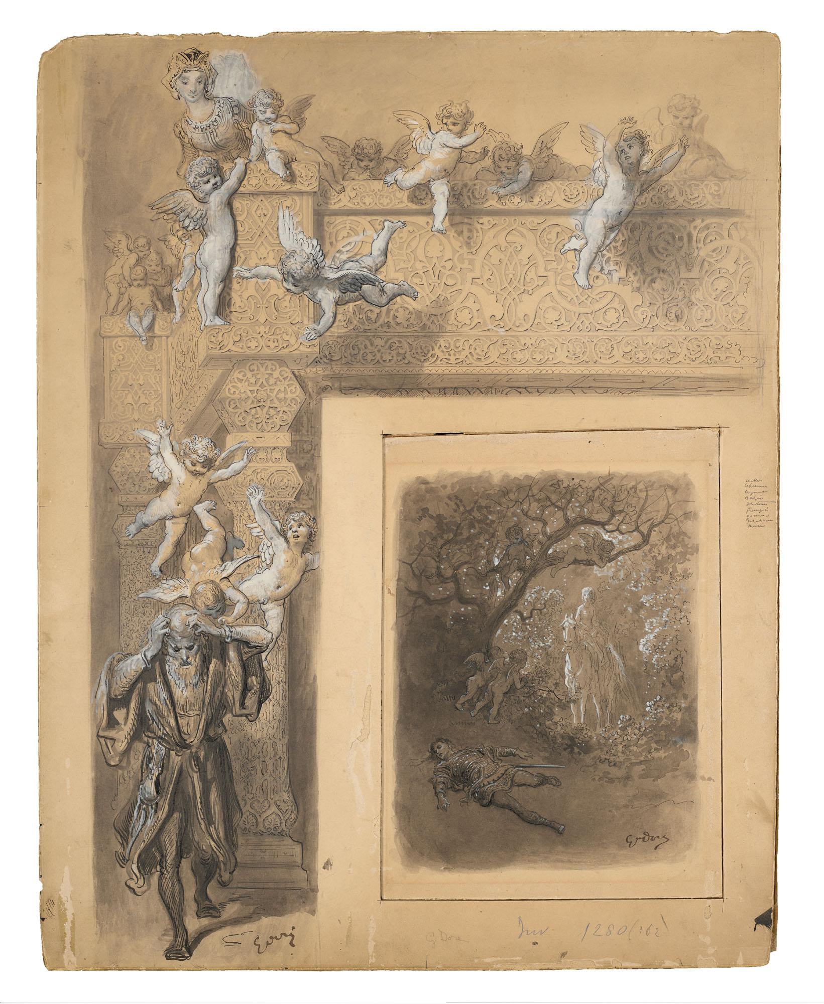 Gustave Doré - Étude Pour Médor Et Angélique Du Roland Furieux De L’Arioste (Recto) ; Esquisse D\'Une Chaire (Verso)