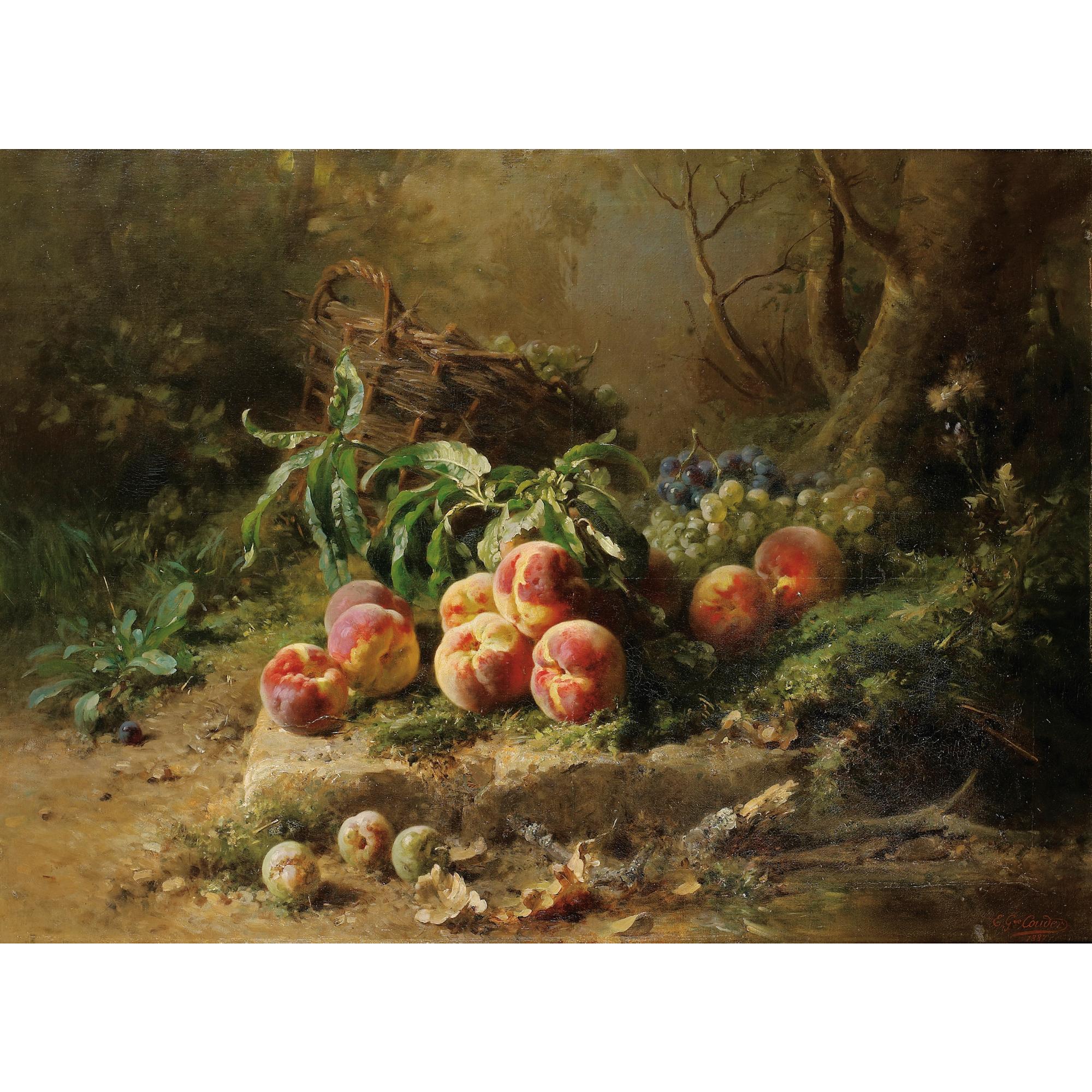 Gustave-Emile Couder - Pêches Et Panier De Raisin Dans Un Sous-Bois