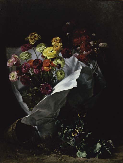 Gustave Emile Couder - Still Life of Red And Yellow Flowers