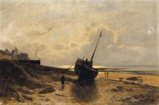 Gustave-Eugene Castan - Bateau Échoué Sur Une Plage À Marée Basse