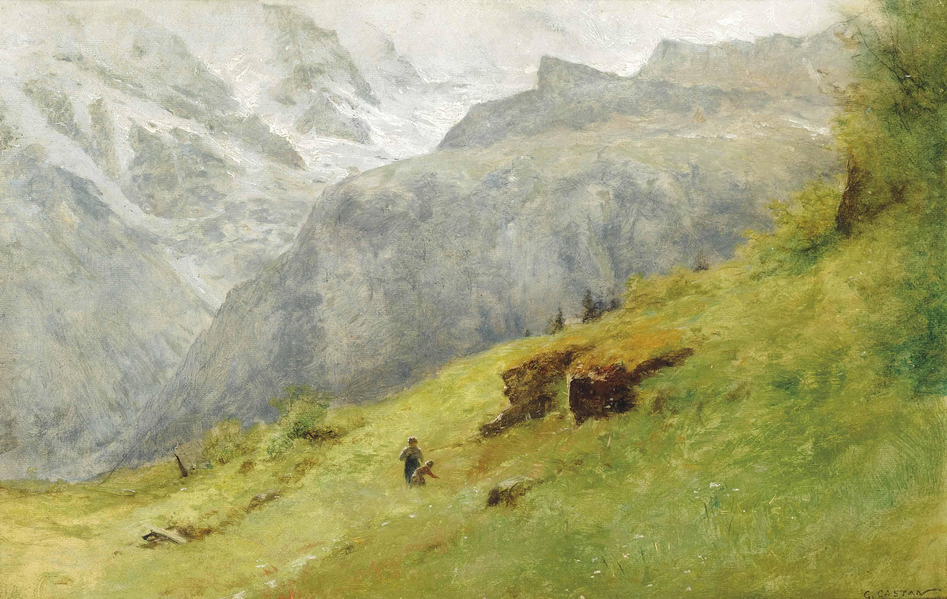 Gustave Eugene Castan - Children Picking Flowers In An Alpine Landscape