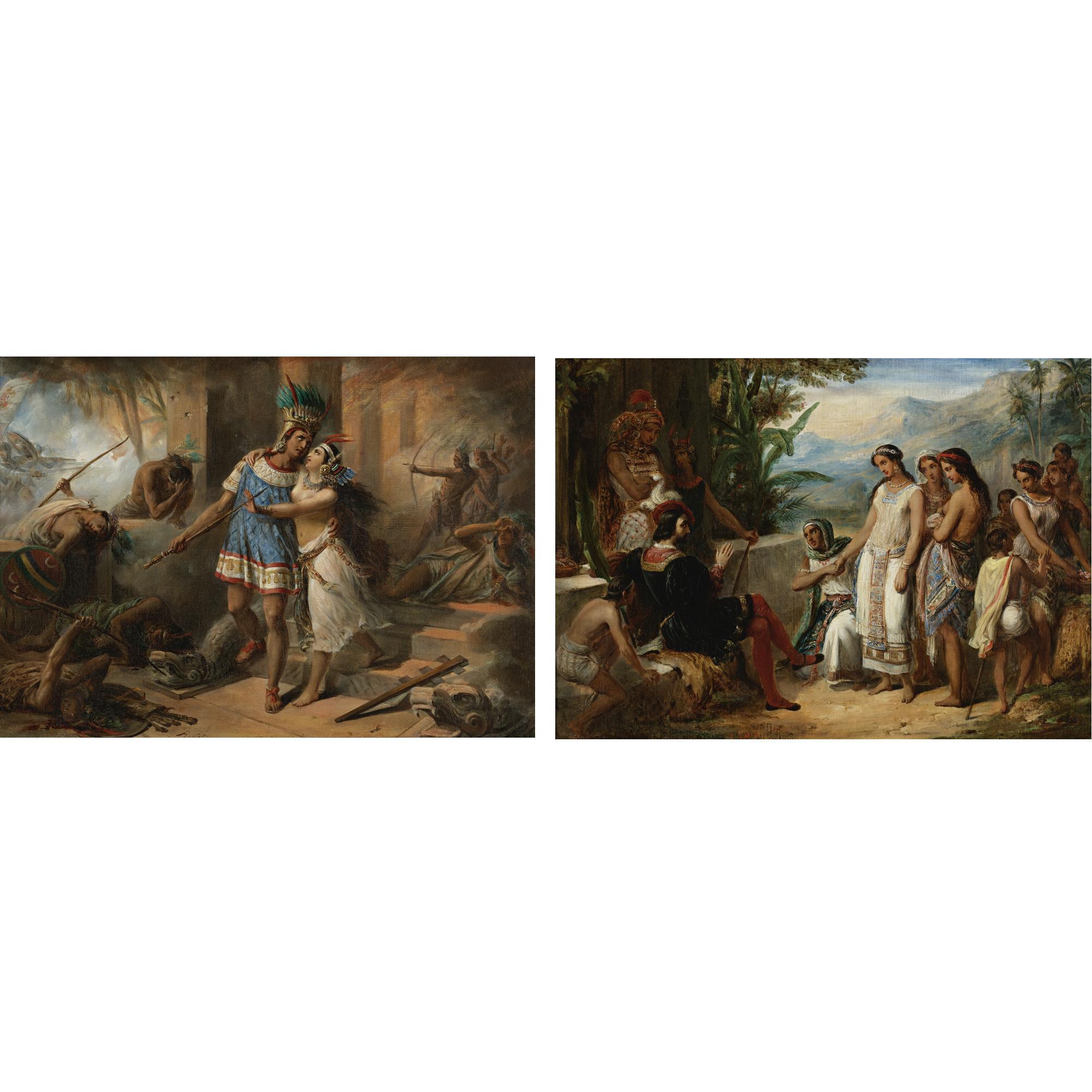 Gustave Henri Colin - Pair Of Paintings: Telasco Defends His Fiancée Princess Amazili Against The Attacking Spaniards And A Young Inca Woman Is Offered To The Castilian Alonzo Molina For Marriage