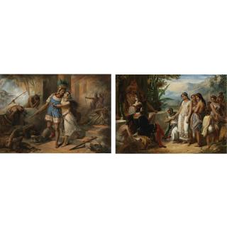 Gustave Henri Colin - Pair Of Paintings: Telasco Defends His Fiancée Princess Amazili Against The Attacking Spaniards And A Young Inca Woman Is Offered To The Castilian Alonzo Molina For Marriage