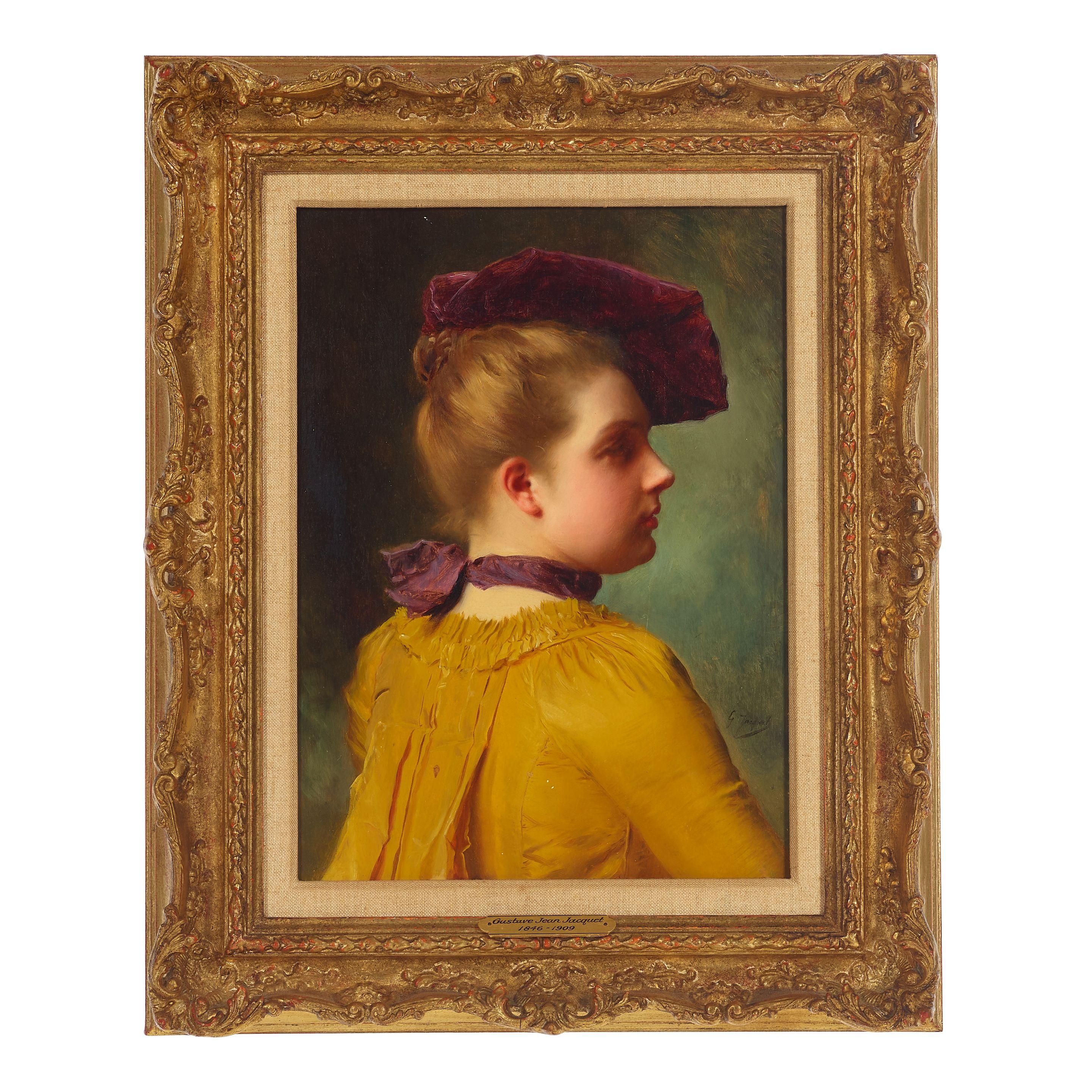 Gustave Jean Jacquet - A portrait of a lady in a plum chapeau; and a companion painting (a pair)