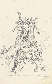 Gustave Jean Jacquet - Collection of assorted sketches, including figures in historical dress, floral borders and putti cavorting (one illustrated)