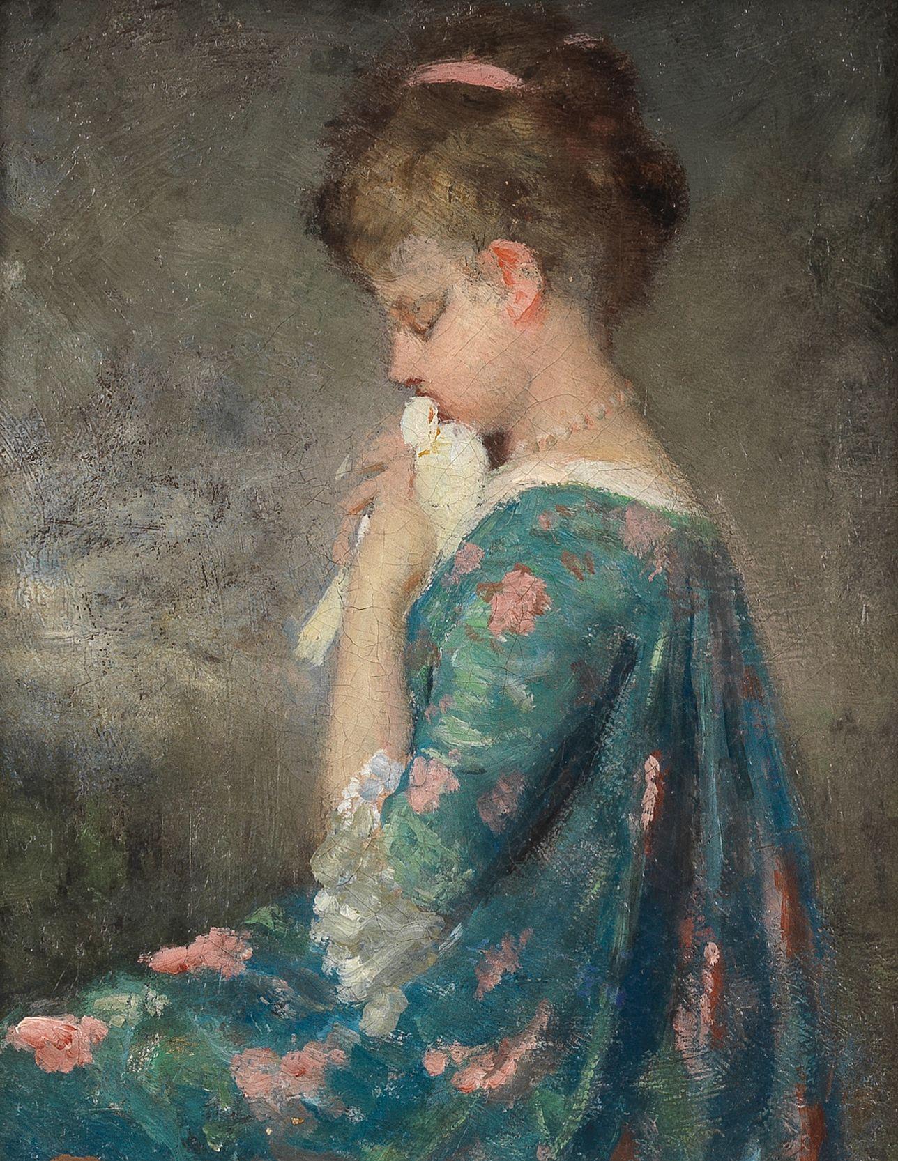 Gustave Jean Jacquet - Portrait Of A Young Girl Wearing A Floral Dress