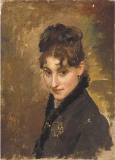 Gustave Jean Jacquet - Portrait of a young lady, bust-length, wearing a dark coat